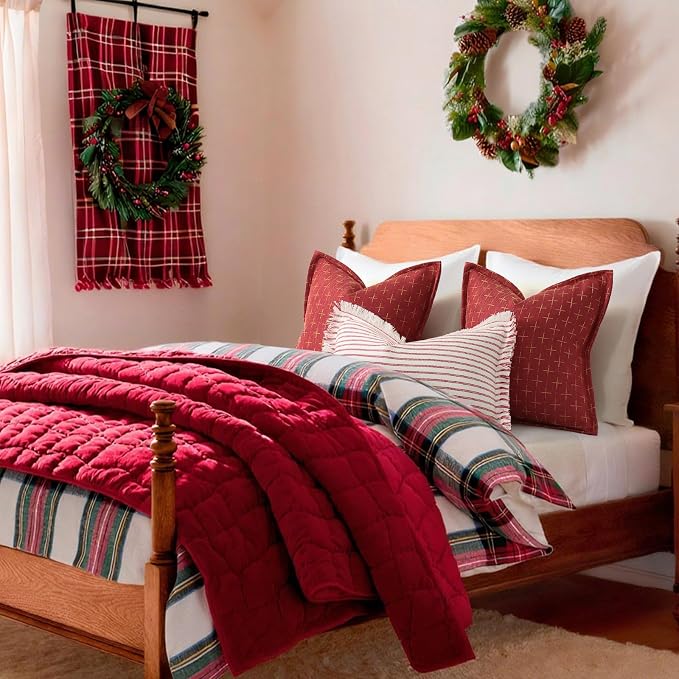 Christmas Pillow Covers 24x24 Set of 2 Soft Polyester Textured Red Pillows with Stylish Flange Edge Cozy Farmhouse Christmas Decor for Couch Bed Sofa Living Room (Red)
