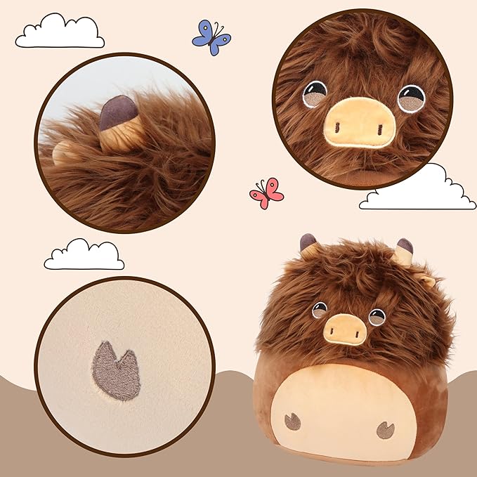 Easfan 12" Highland Cow Plush Pillow Soft Brown Cow Plush Toy Cute Stuffed Animal Home Room Decoration Birthday Festival Gifts for Kids Toddlers