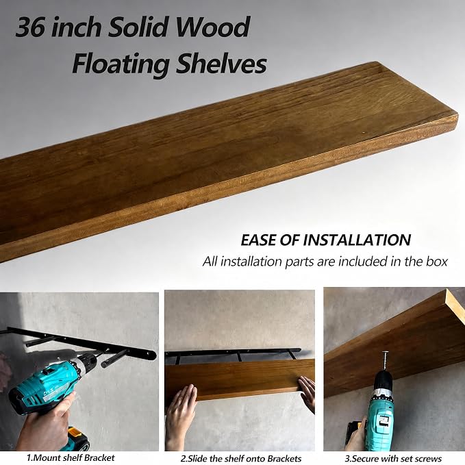 ROGMARS 36 Inches Long Walnut Floating Shelves | Rustic Solid Wood Farmhouse Wall Shelves with Invisible Brackets for Bathroom, Living Room, Bedroom, Kitchen Set of 2