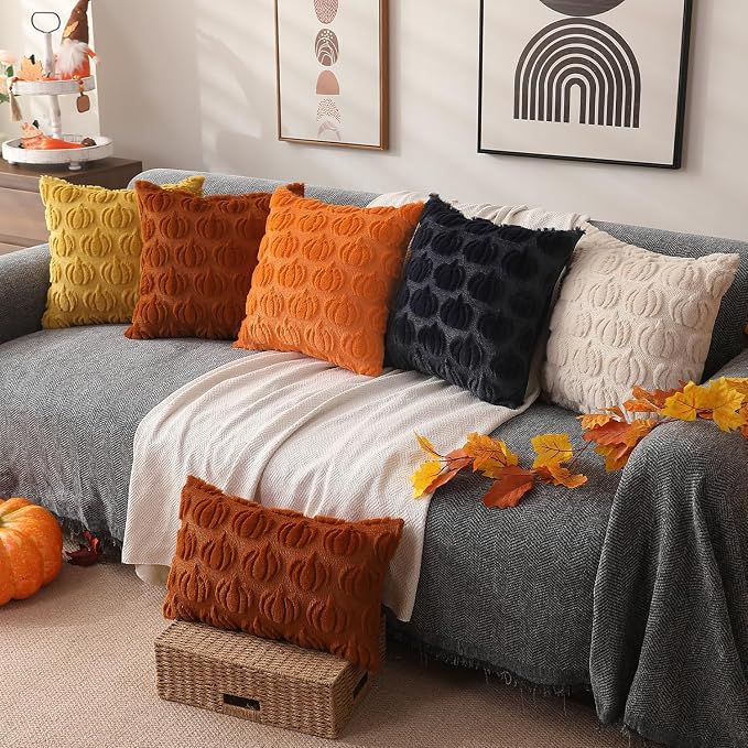 DFXSZ Fall Pillow Covers 20x20 2Pcs Orange Pumpkin Fall Decoration for Home | Fall decor Set of 2 Throw Pillow Cases Soft Plush Faux Fur Wool Couch Cushion for Chair Sofa Bedroom Living Room Home Decor
