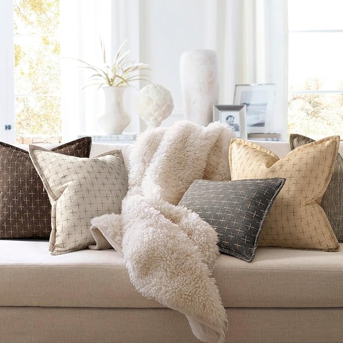 Pillow Covers 22x22 Set of 2 Soft Polyester Textured Pillow Covers with Stylish Flange Edge Cozy Farmhouse Throw Pillows for Couch Bed Sofa Living Room