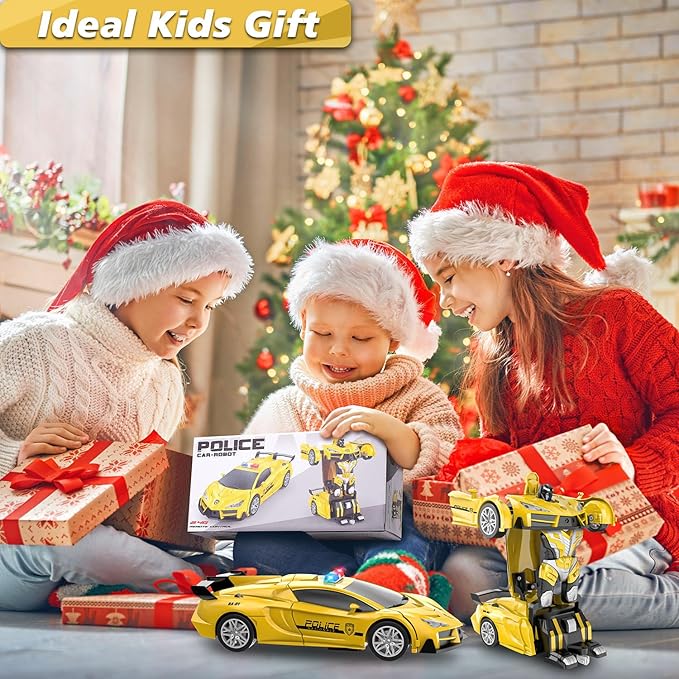 Remote Control Car for Boys 4-7, 2.4GHz RC Car 1:18 Scale, One-Button Transforming Toy with 360° Spins, LED Lights(Yellow)