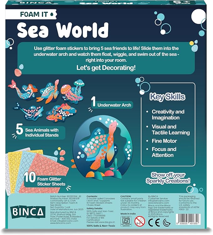 BINCA Foam Sticker Mosaic Art Activity, 750+ 3D Glitter Foam Stickers, 5 Underwater Animals with Display Arch, DIY Mess-Free Activities, Felt Craft Kits & Gifts for Boys & Girls Ages 5,6,7,8