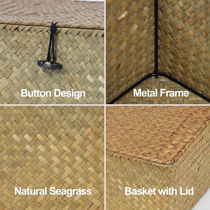 Seagrass Wicker Storage Basket with Lid, Medium, Natural | Shelf Baskets for Organizing, Rectangular Woven Bin Box, Multipurpose Home Storage, Natural Decor, 10.23 x 6.3 x 4.13