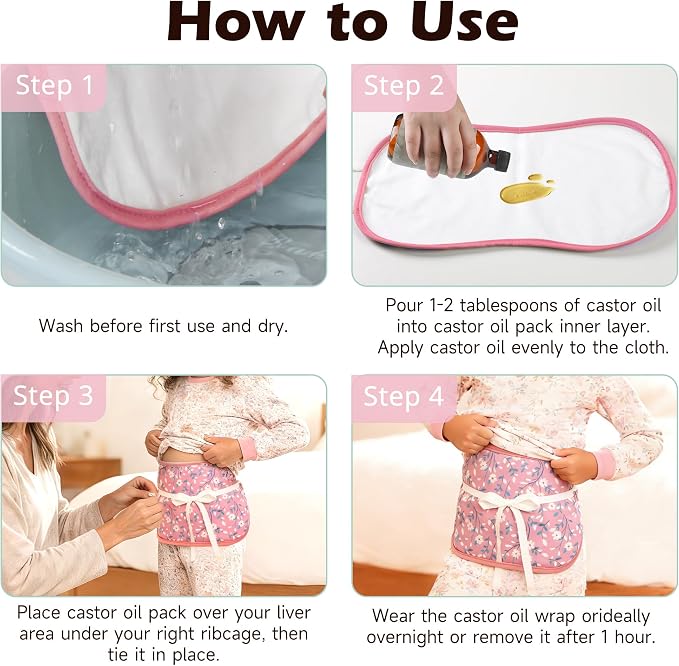 wegreeco Kids Castor Oil Pack Wrap, Reusable Kids Castor Oil Packs for Liver Stomach, Machine Washable Anti Oil Leak 1Pc with Adjustable Strap Pink Flowers (Oil Not Included)