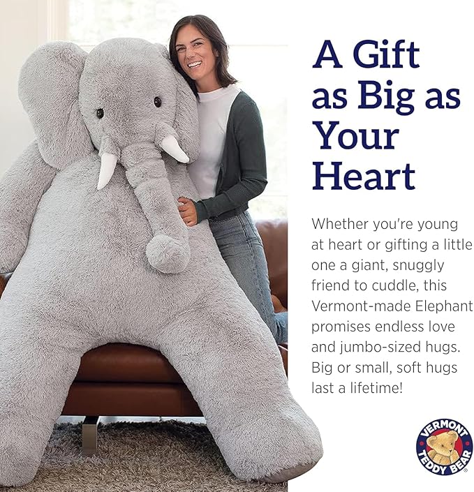 Vermont Teddy Bear Giant Elephant Stuffed Animal - 6 Foot Big Stuffed Elephant Plush from Giant Cuddle Collection - Collectible Plushies for Kids & Adults | Crafted in The USA