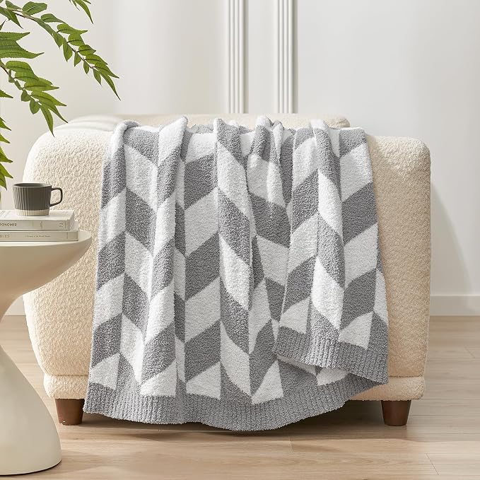 Snuggle Sac Chevron Throw Blanket for Couch, Reversible Super Soft Warm Blankets Cozy Knit Fuzzy Plush Lightweight Throws for Sofa, Bed, Camping,Grey,50x60 inches