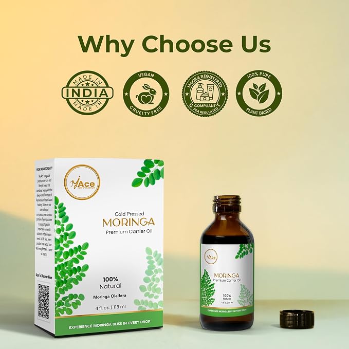 My Ace Moringa Carrier Oil 4 Fl Oz - 100% Pure & Natural - Premium Grade, Cold Pressed Unrefined for Skin & Face Care, Hair Growth, Facial & Body Massage, Scalp Treatment, Stretch Marks & Aromatherapy