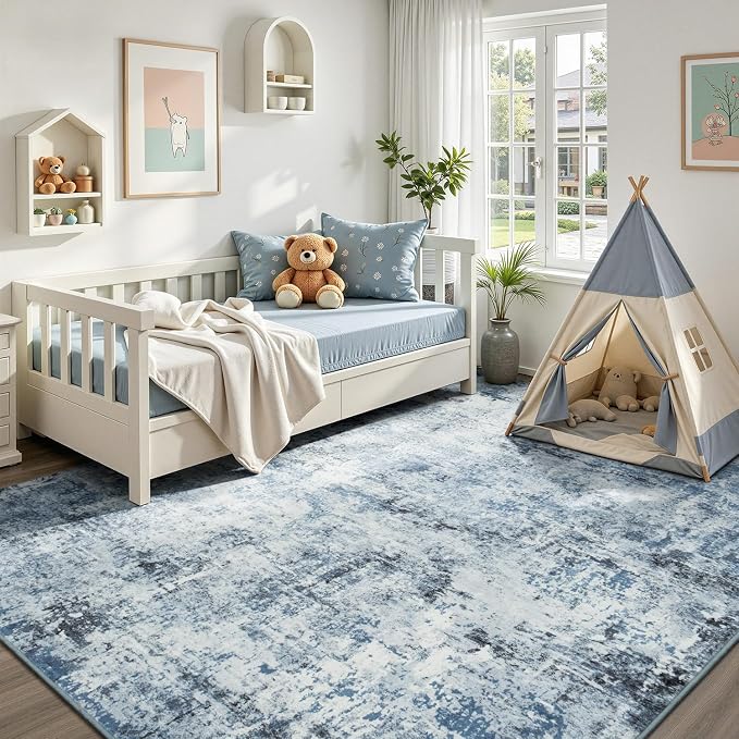 Rugflix 5x7 Area Rugs for Living Room, Washable Light Blue Grey Large Rug | Machine Washable; Stain-Resistant; Low Pile; Non-Slip; Modern Abstract; Black Carpet for Bedroom Dining Office Nursery Home