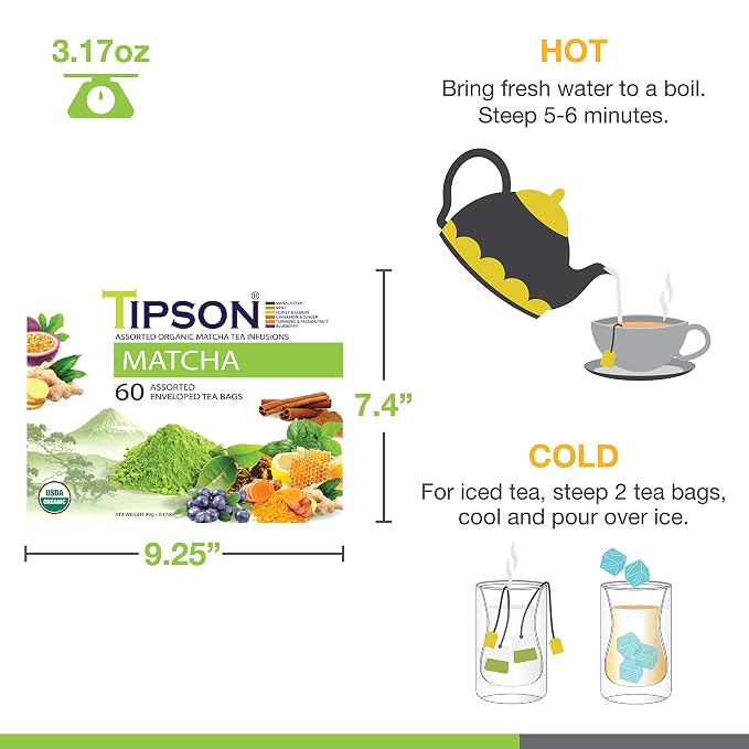 Tipson Organic Matcha Variety Sampler - 6 Flavors (60 Tea Bags), Herbal Tea Infusions - USDA Organic, Non GMO, and Gluten Free