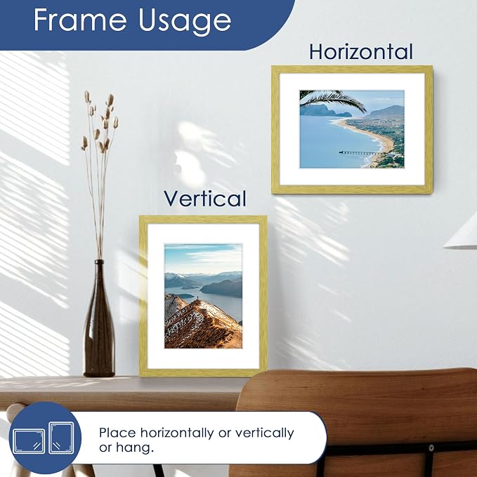 8.5x11 Picture Frame Set of 6, Wall Mount Display, Gold | Display Pictures 6x8 with Mat or 8.5x11 Without Mat, Horizontal or Vertical, Gallery Wall Frame Set, Wedding Birthday Gifts