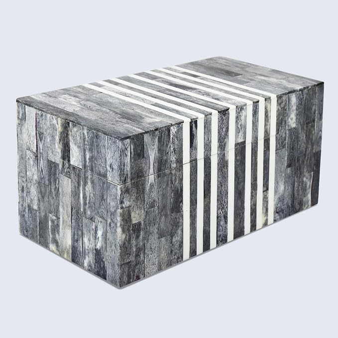 Handicrafts Home Large Decorative Storage Box with Lid, Patisserie Cafe Stripe Pattern Memory Keepsake Box, Deep Storage Organizer for Coffee Table Decor, Wooden Gift Storage Box, Grey & White, 10x5x5