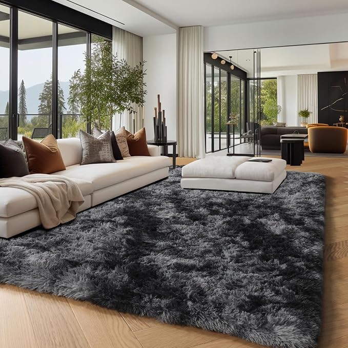 PAGISOFE Abstract Shaggy Area Rug 6x9 Feet,Plush Fluffy Rugs for Living Room,Tie-Dyed Grey Soft Rug for Bedroom,Furry Rugs for Girls Boys Kids Room,Extra Large Fuzzy Rug, Shag Carpets for Room Decor