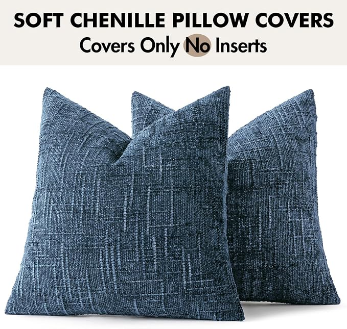 MIULEE Chenille Textured Throw Pillow Covers Blue Ashes 18x18 Set of 2 | Slubby Decorative Pillows, Boho Farmhouse Coastal Decor, Modern Neutral Cushion Covers for Couch Sofa Bed Living Room