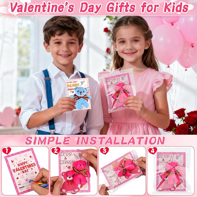 28 Pack Valentines Day Cards for Kids Classroom with Mini Bear Plush Toys Keychain Valentines Day Gifts for Kids School Valentines for Class Exchange Cards Valentines Party Favors Prizes Girls Boys