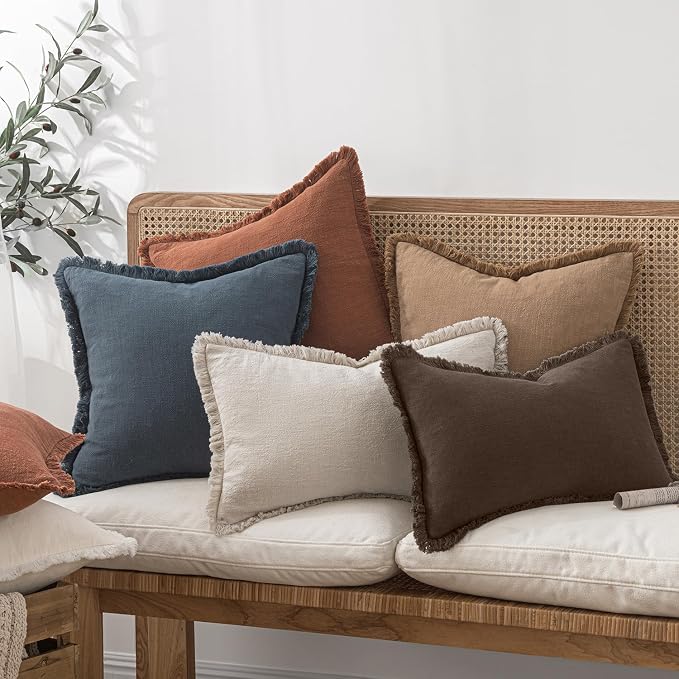 MIULEE Boho Linen Fringe Decorative Fall Pillow Covers Reddish Brown 12x20 | Set of 2, Cottagecore Decor, Boho Farmhouse Neutral Pillow Covers, Rustic Fall Couch Cushion Cases for Sofa Bed Living Room