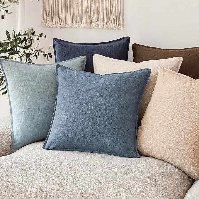 Foindtower Set of 2, Decorative Linen Solid Throw Pillow Covers Soft Accent Cushion Euro Case Boho Farmhouse Pillowcase for Chair Couch Sofa Bedroom Living Room Home Decor 20 x 20 Inch Misty Blue