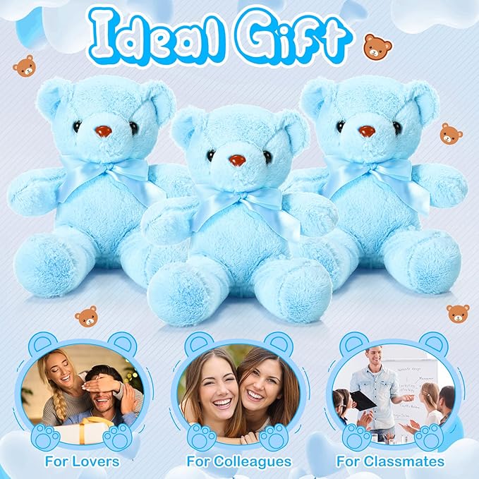 Aoriher 6 Pcs Bear Stuffed Animal Bulk Baby Shower Bear Plush Toys Soft Cute Sleeping and Playing Decorations for Kids Back to School Gift Baby Shower Birthday Party Favor(Blue)