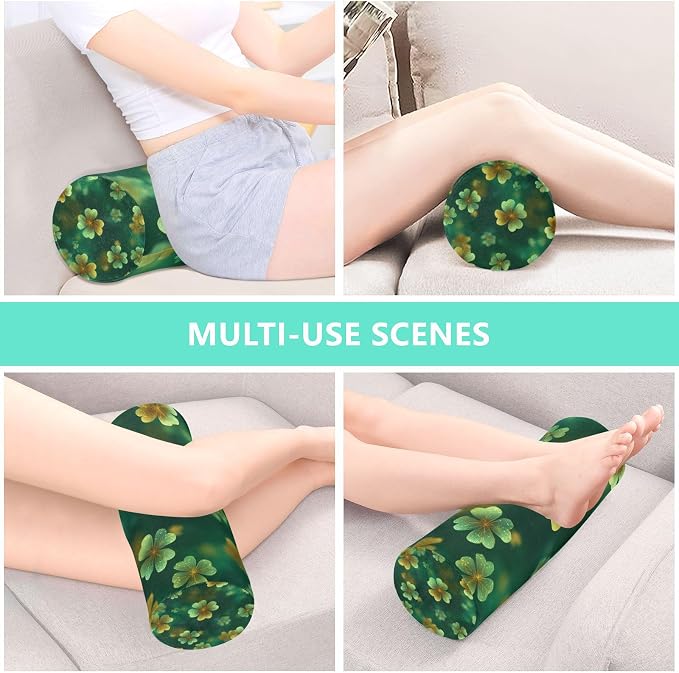 Green Sparkling Clover St Neck Roll Pillow Bolster Round Health Memory Foam Long Cervical Cylinder Pillows with Removable Washable Cover for Body Bed Legs Back Yoga
