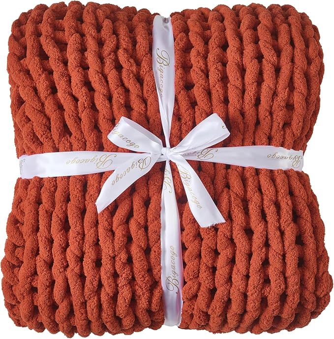 Bigacogo Chunky Knit Throw Blanket for Couch, 51x63 inches, Rust Red | Hand Knit with Jumbo Chenille, Soft Breathable Cable Knit for Sofa Bed Living Room, Machine Washable, Gift for Mom Friend