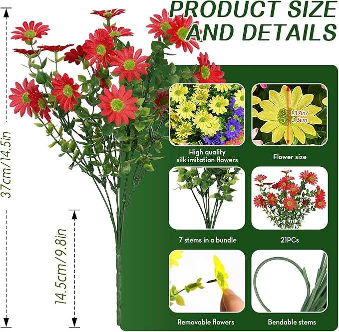 Alupssuc 40 Bundles Artificial Daisies Flowers Fake Silk Plant for Indoor Outdoor Decor, UV Resistant No Fade Faux Spring Flowers for Garden, Porch & Patio Decoration,Mixed 5 Colors