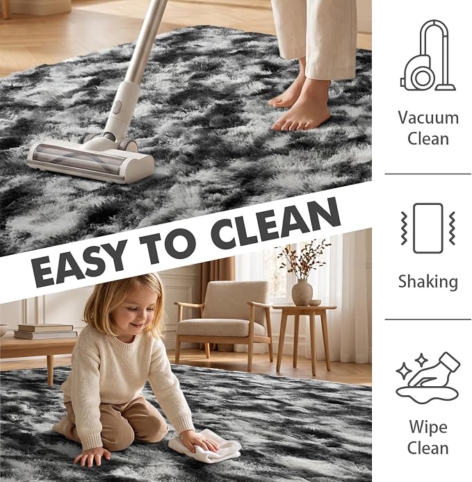 7x10 Ft Extra Large Shag Rugs for Living Room, Tie Dyed Ultra Soft Fluffy Furry Area Rugs for Bedroom Indoor Floor, Aesthetic Carpet for Kids Home Decor (Black Grey)