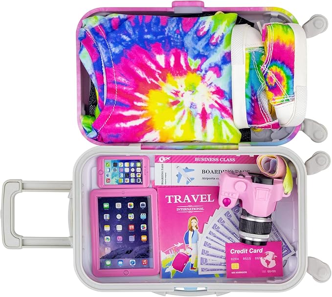 Ecore Fun 23 Pcs 18 inch Girl Doll Accessories Suitcase Travel Luggage Play Set,18" Doll Travel Carrier Storage, Including Suitcase, Clothes, Shoes, Backpack, Camera, Computer, Cell Phone(No Doll)