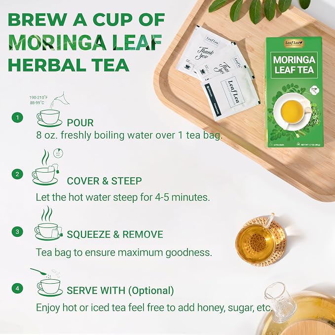 LeafLea Moringa Tea Bags, Pure Moringa Leaf Herbal Tea, 80 Count, 2 Boxes | Mild Earthy Moringa Oleifera Leaves, Foil-Wrapped Fresh, Caffeine-Free, Sugar-Free, Stock-Up Pack of 2