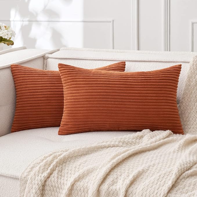 MIULEE Fall Lumbar Corduroy Throw Pillow Covers Set of 2 12x20 Rust | Decorative Soft Striped Textured Cushion Cases, Boho Rustic Pillowcases for Home Decor, for Couch Chair Sofa Bed Living Room