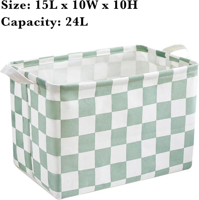 Ohocut Sage Green Checkered Canvas Basket, Rectangular Organizing Decorative Storage Basket for Kids, Dog Toy, Cute Aesthetic Checkered Room Decor for Home, Kitchen, Bedroom, Classroom, Shelves