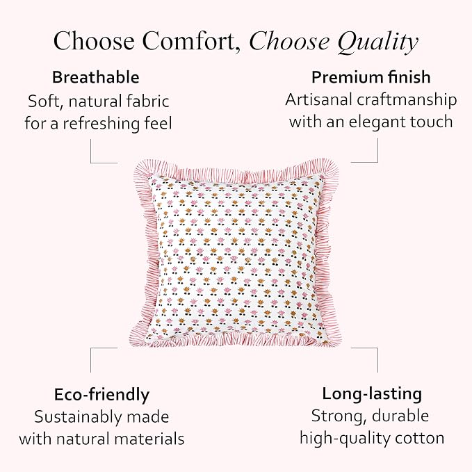 CPC Rosette Bloom Hand Block Print 100% Cotton Ruffle Throw Pillow Cover 24x24 inch with Hidden Zipper Decorative for Couch, Bed, Sofa, Farmhouse, Cottagecore Decor Gift Christmas Fall Thanksgiving