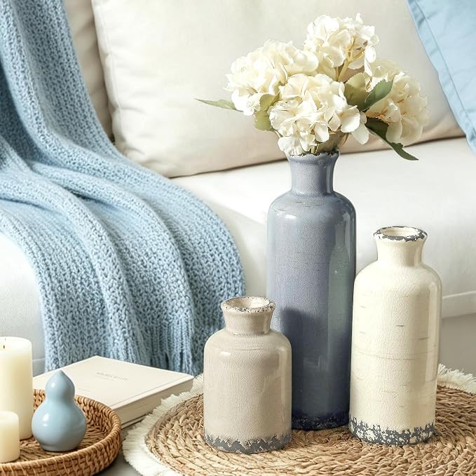 Ceramic Vase Set of 3, Neutral Flower Vases Home Decor, Pottery Rustic Farmhouse Decorative Vases Modern Decor for Table Mantel Entryway Bookshelf Living Room Kitchen Bedroom - Ocean