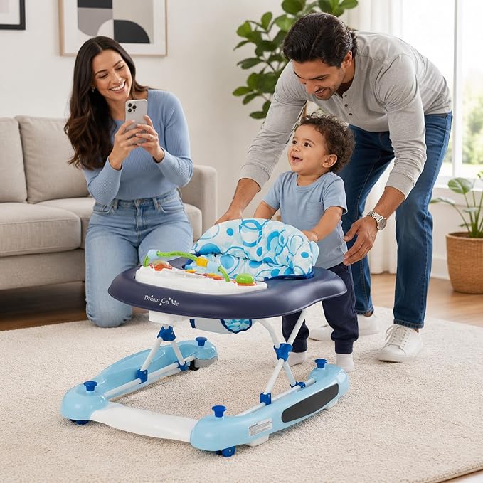 Dream On Me Go-Getter Baby Walker with Rear Push Handle, 2-in-1 Activity Walker and Walk-Behind, 3 Height Adjustments, Easy to Fold, Machine-Washable Seat Pad, Detachable Fun Tray, Blue