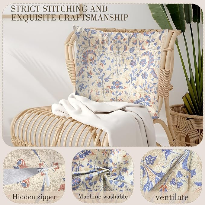 Boho Floral Throw Pillow Covers 16x16 inch Set of 2,Cream Boho Rug Geometric Floral Pattern Decor Double Sided Pattern Cushion Cover Soft Pillow Case Living Sofa Room Bed Square Pillow Cover
