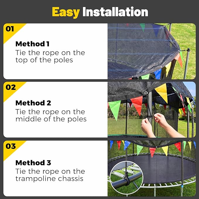 2026 Upgraded Round Trampoline Shade Cover, 4Lbs Heavy Duty Cover Accessories for 8 10 12 14 15 16FT Trampoline for Sun Protection, Sun Shade with Colorful Flag and 98FT Elastic Cord, Non Tears Easily