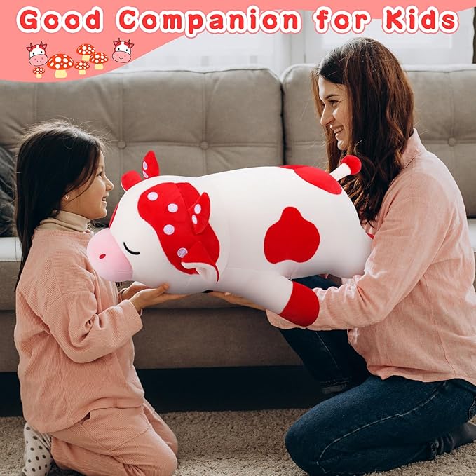 Auspicious beginning 30'' Giant Mushroom Cow Plush Stuffed Animal-Cute Mushroom Cow Plush Body Pillow Plushies, Large Sleeping Cow Stuffed Animal Big Plushie Toy, Birthday Gifts for Kids Girls Boys