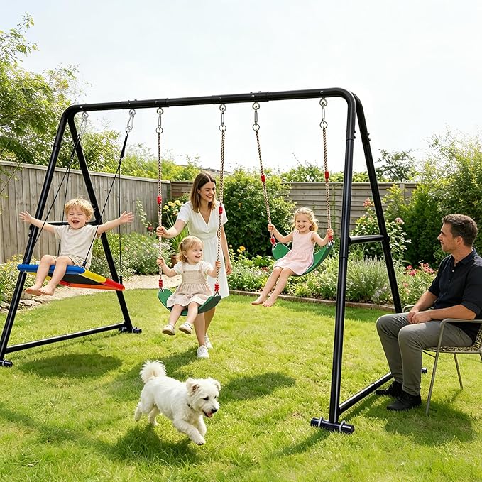 3-in-1 Swing Set for Backyard for Kids, with 1 Platform Swing, 2 Belt Swing, 600lbs Metal Swing Set for Toddler, Heavy-Duty Swing Stand w/8 Ground Stakes, Outdoor Swingset for Kids Adults (Black)