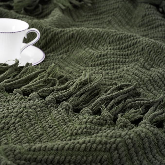 BATTILO HOME Olive Green Chenille Throw Blanket for Bed, 50" x 60" | Knit Throw Blanket, Super Soft Warm Home Decor Throw Blanket with Tassels for Couch,Sofa and Living Room