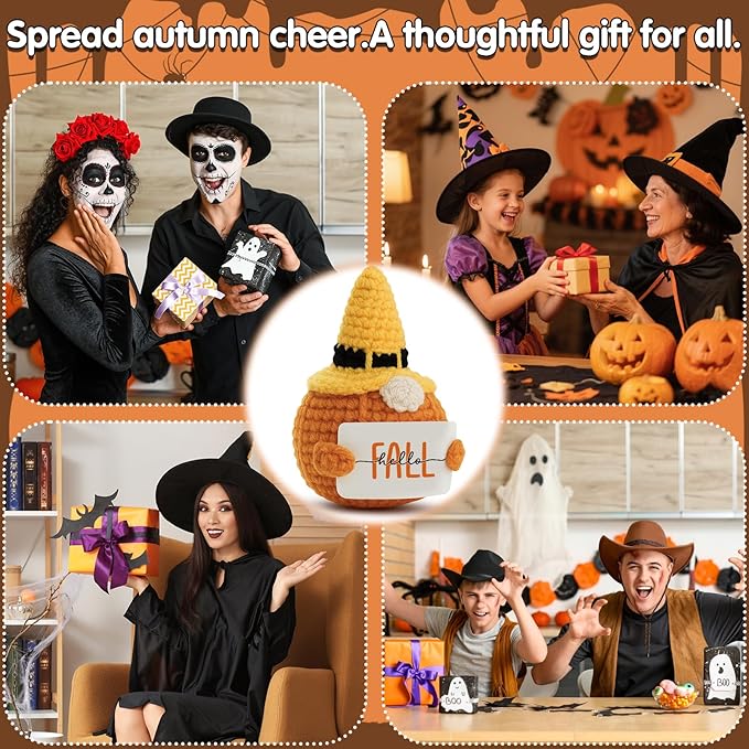 Hello Fall Handmade Halloween Witch Hat Crochet Pumpkin Gnome Plush - Autumn Season Thanksgiving Home Office Harvesting Color Table & Desk Decor Christmas Ornaments