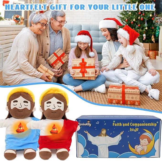 Soothing Jesus Plush Toys with Light & Sound, Jesus Stuffed Breathing Plushy Doll, Christian Catholic Religious Plushie Christmas Easter Gifts for Kids Baby (Blue)