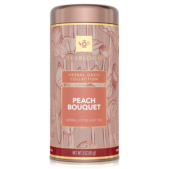 Teabloom Peach Bouquet Loose Leaf Herbal Tea with Peach, Apple & Chicory | Fruity Caffeine-Free Blend for Hot or Iced Tea | Canister Makes 35–50 Cups | Gift-Ready Reusable Tin