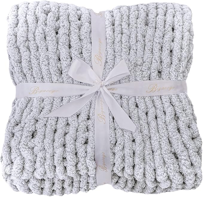 Bigacogo Chunky Knit Throw Blanket for Couch, 40x80 inches, Light Grey | Hand Knit with Jumbo Chenille, Soft Breathable Cable Knit for Sofa Bed Living Room, Machine Washable, Gift for Mom Friend
