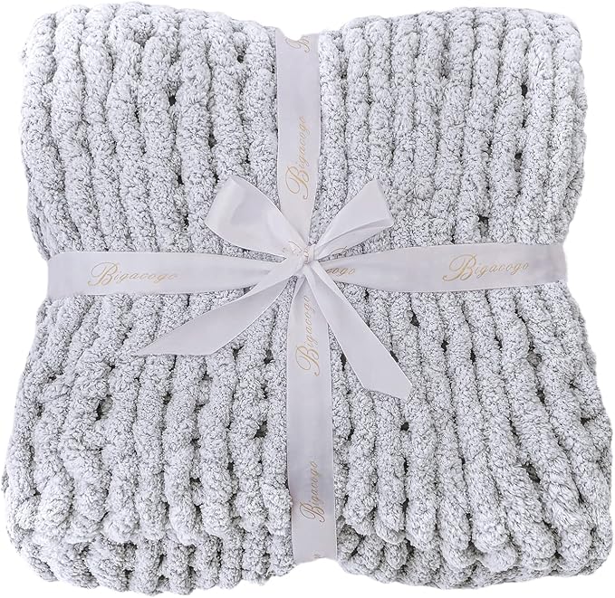 Bigacogo Chunky Knit Throw Blanket for Couch, 80x90 inches, Light Grey | Hand Knit with Jumbo Chenille, Soft Breathable Cable Knit for Sofa Bed Living Room, Machine Washable, Gift for Mom Friend