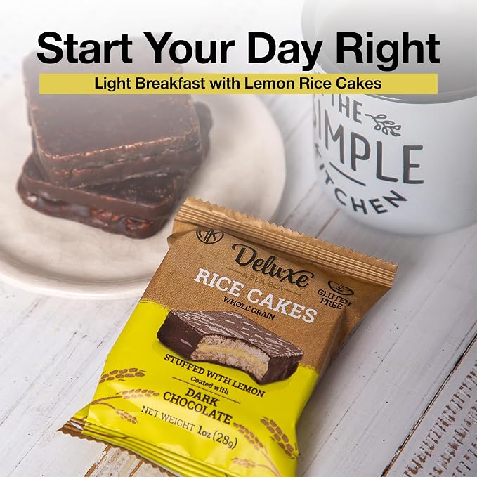 Deluxe & Bla Bla Stuffed Rice Cakes - Whole Grain Chocolate Rice Cake,Gluten Free,Low Calorie,(Alfajor) Kosher Certified - Lemon Filled Rice Cakes coated with Dark Chocolate, 28g Each (6 Pack)