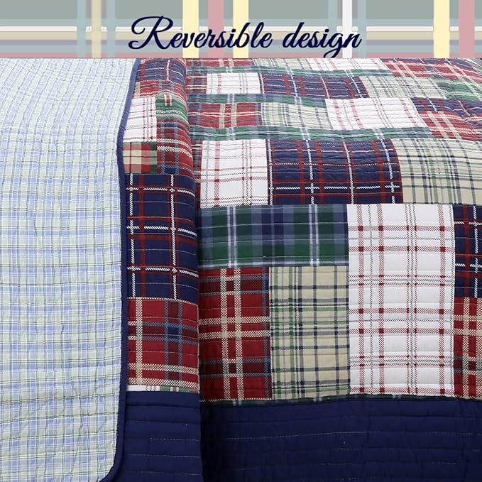 Cozy Line Home Fashions Nate Patchwork Quilt Set, Green Red Navy White 100% Cotton Reversible Coverlet Bedspread for Boy (Nate Patchwork, Queen - 3 Piece)
