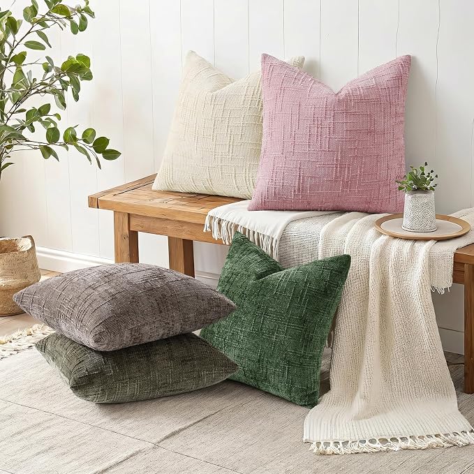 decorUhome Textured Chenille Throw Pillow Covers 16x16 Set of 2 Blush Pink | Fall Modern Farmhouse Soft Cozy Slubby Couch Pillow Cases Boho Decorative Pillow Cases for Bed Sofa Living Room Home Decor