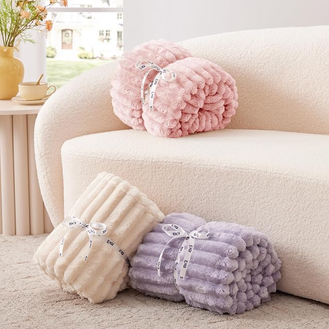 EXQ Home Fleece Throw Blanket for Couch or Bed - 3D Stripe Jacquard Decorative Blankets - Cozy Soft Lightweight Fuzzy Flannel Blanket Suitable for All Seasons(50"×60",Pink)