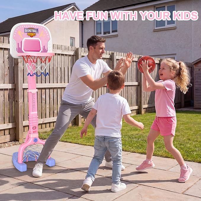 Toddler Basketball Hoop Indoor, 2-in-1 Adjustable Kids Basketball Hoop and Soccer Goal for Ages 1-3 3-5, Mini Baby Basketball Hoop Set with 4 Balls for Girls Child Indoor Outdoor Poolside Pink