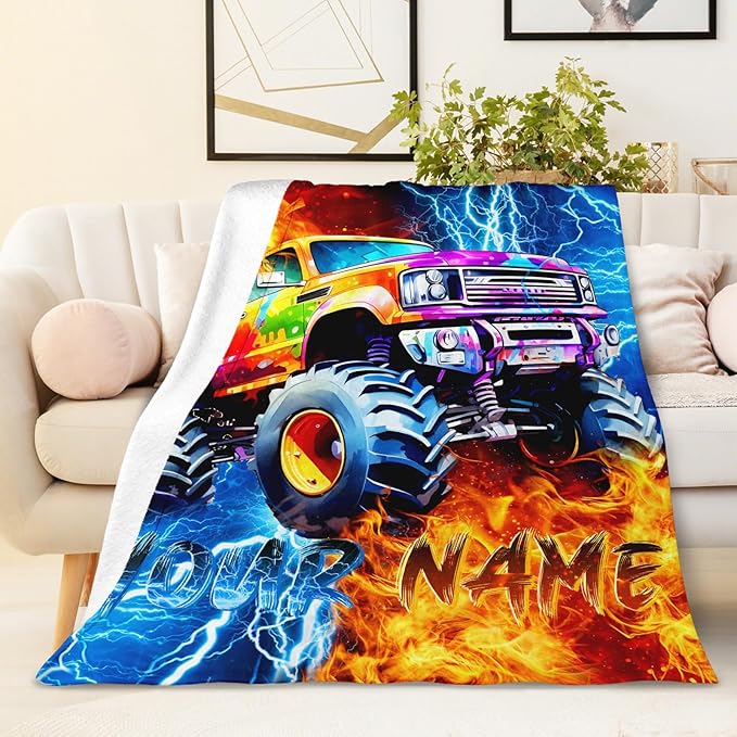Boys Personalized Trucks Blanket Gift Custom Car Throw Blankets for Kids Teens, 60x80 Inches All Season Soft Cozy Lightweight Custom Throw for Sofa Chair Bed Office Home Decor