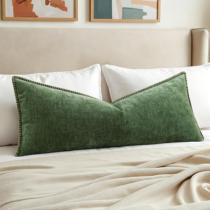 decorUhome Soft Chenille Throw Pillow Covers 14x36 Pack of 1 Forest Green | Fall Textured Decorative Throw Pillow Cases Stitched Edge Modern Farmhouse Luxury Boho Velvet for Couch Sofa Bed Home Decor